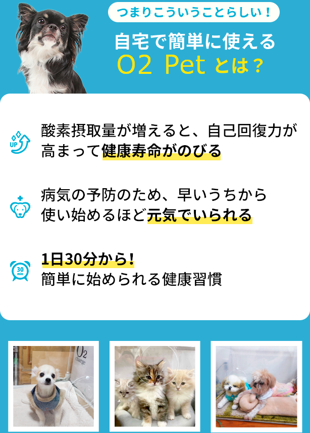 つまりこういうことらしい！自宅で簡単に使えるO2 Petとは？ 酸素摂取量が増えると、自己回復力が高まって健康寿命がのびる 病気の予防のため、早いうちから使い始めるほど元気でいられる 1日30分から！簡単に始められる健康習慣